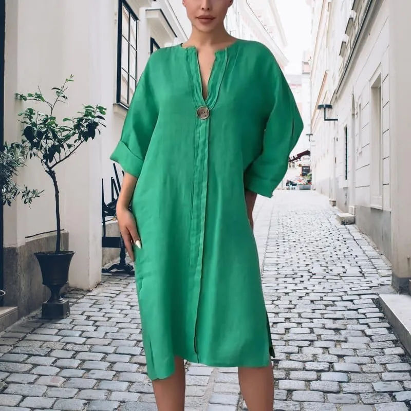 ZOCAVIA Cotton Linen Midi Shirt Dresses for Women Summer V Neck Button Down Long Sleeve Flowy Side Split Hem Beach Sundress