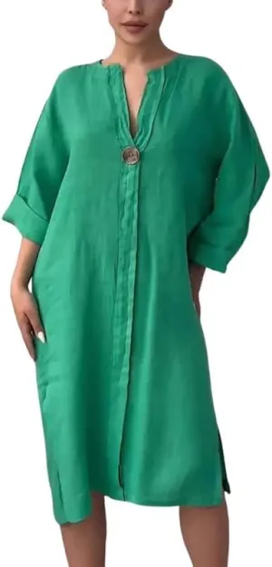 ZOCAVIA Cotton Linen Midi Shirt Dresses for Women Summer V Neck Button Down Long Sleeve Flowy Side Split Hem Beach Sundress