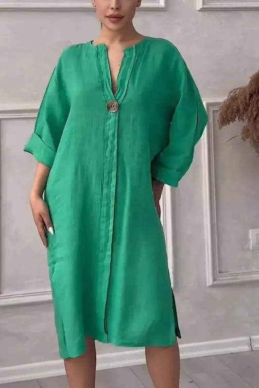 ZOCAVIA Cotton Linen Midi Shirt Dresses for Women Summer V Neck Button Down Long Sleeve Flowy Side Split Hem Beach Sundress