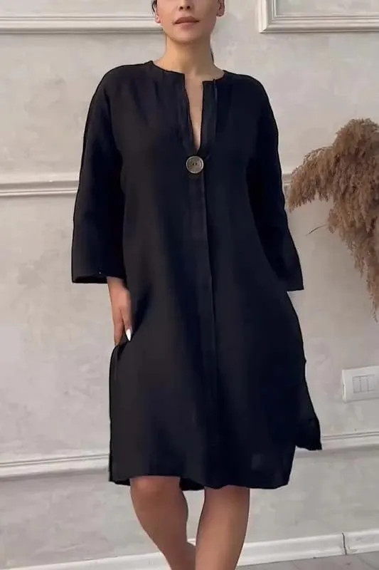 ZOCAVIA Cotton Linen Midi Shirt Dresses for Women Summer V Neck Button Down Long Sleeve Flowy Side Split Hem Beach Sundress