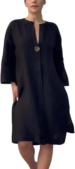 ZOCAVIA Cotton Linen Midi Shirt Dresses for Women Summer V Neck Button Down Long Sleeve Flowy Side Split Hem Beach Sundress