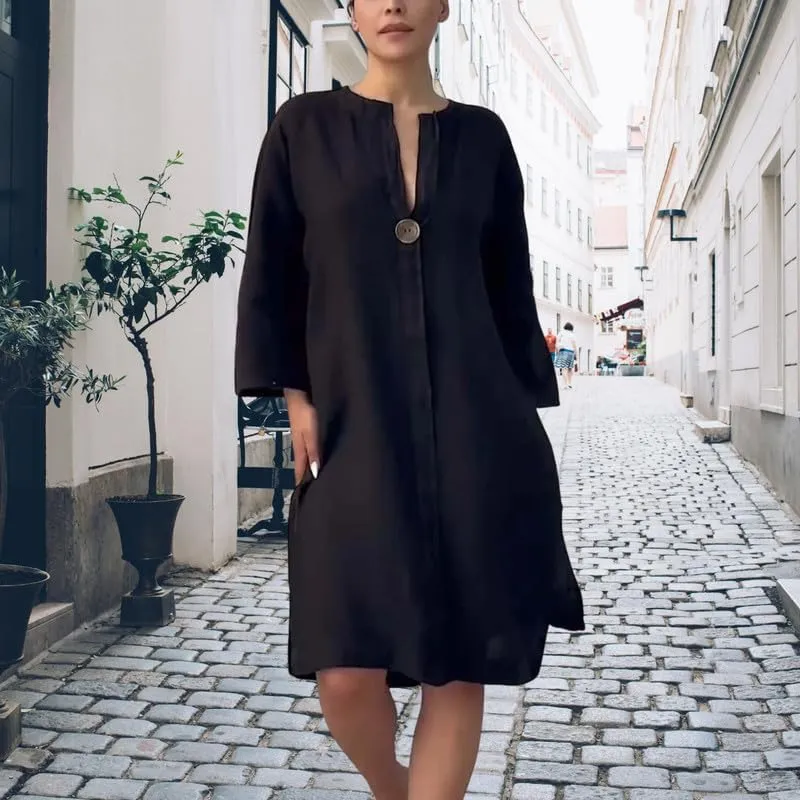 ZOCAVIA Cotton Linen Midi Shirt Dresses for Women Summer V Neck Button Down Long Sleeve Flowy Side Split Hem Beach Sundress