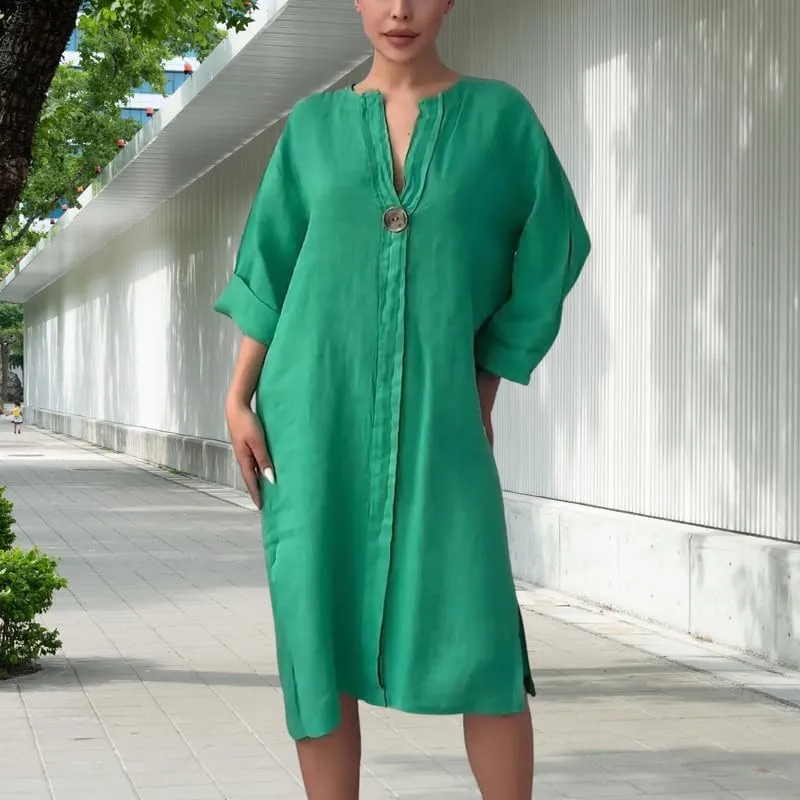 ZOCAVIA Cotton Linen Midi Shirt Dresses for Women Summer V Neck Button Down Long Sleeve Flowy Side Split Hem Beach Sundress