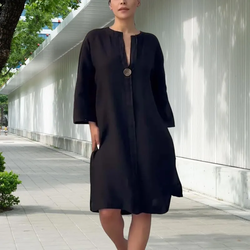 ZOCAVIA Cotton Linen Midi Shirt Dresses for Women Summer V Neck Button Down Long Sleeve Flowy Side Split Hem Beach Sundress