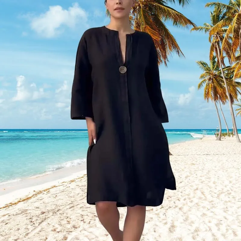 ZOCAVIA Cotton Linen Midi Shirt Dresses for Women Summer V Neck Button Down Long Sleeve Flowy Side Split Hem Beach Sundress