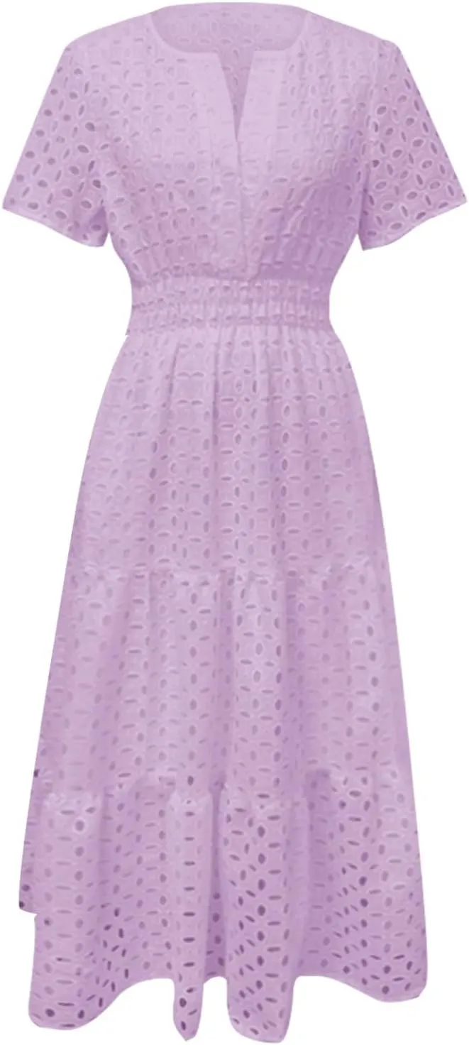 ZYXTIM Eyelet Dresses for Women 2025 Short Sleeve Casual A Line Boho Maxi Dress V Neck Fashion Summer Beach Vacation Sundress