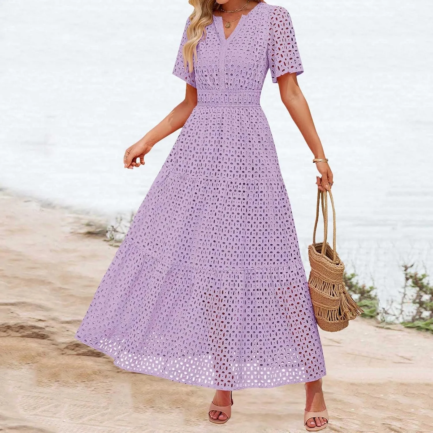 ZYXTIM Eyelet Dresses for Women 2025 Short Sleeve Casual A Line Boho Maxi Dress V Neck Fashion Summer Beach Vacation Sundress