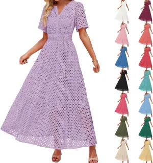 ZYXTIM Eyelet Dresses for Women 2025 Short Sleeve Casual A Line Boho Maxi Dress V Neck Fashion Summer Beach Vacation Sundress