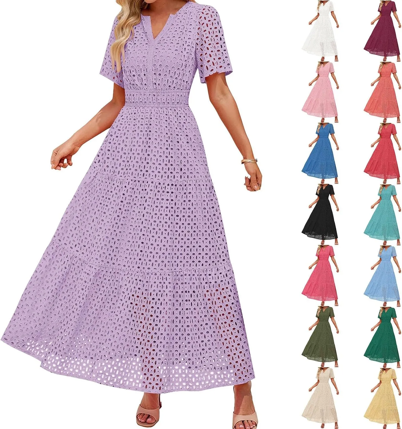 ZYXTIM Eyelet Dresses for Women 2025 Short Sleeve Casual A Line Boho Maxi Dress V Neck Fashion Summer Beach Vacation Sundress