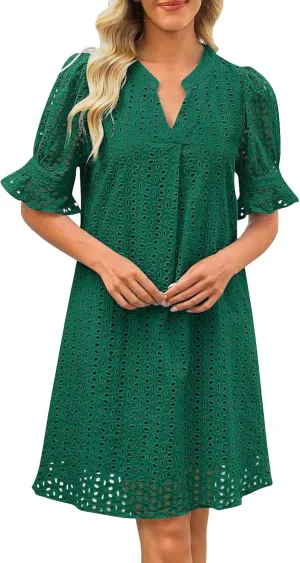 ZYXTIM Summer Eyelet Dresses for Women 2025 Elegant V Neck Short Sleeve Fashion Business Dress Hollow Out Vacation Dresses