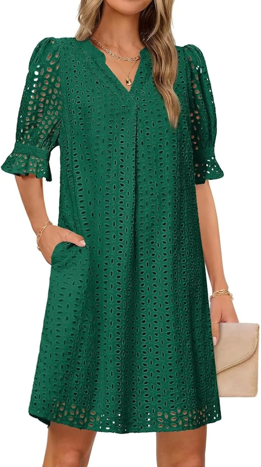 ZYXTIM Summer Eyelet Dresses for Women 2025 Elegant V Neck Short Sleeve Fashion Business Dress Hollow Out Vacation Dresses