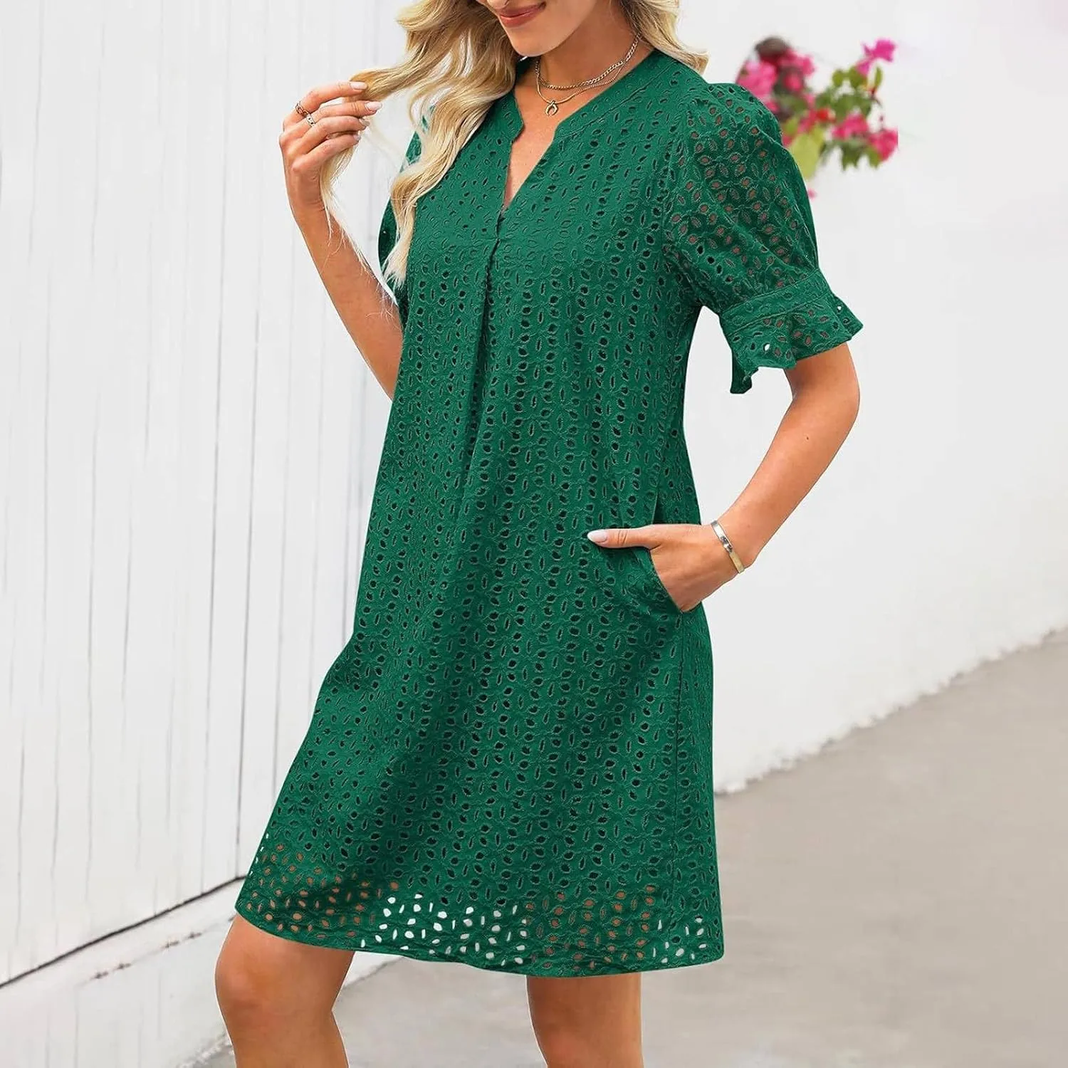 ZYXTIM Summer Eyelet Dresses for Women 2025 Elegant V Neck Short Sleeve Fashion Business Dress Hollow Out Vacation Dresses