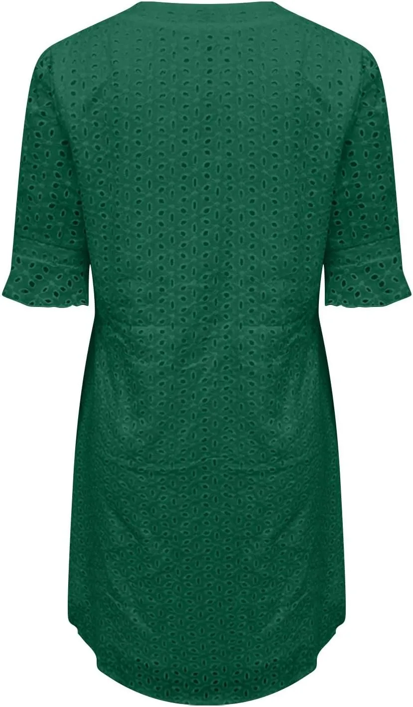ZYXTIM Summer Eyelet Dresses for Women 2025 Elegant V Neck Short Sleeve Fashion Business Dress Hollow Out Vacation Dresses