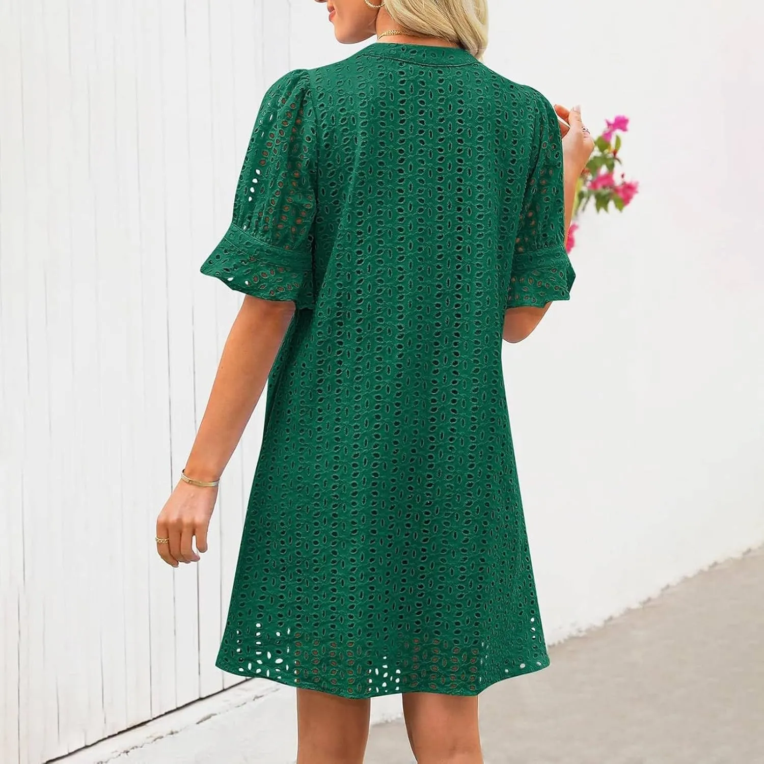 ZYXTIM Summer Eyelet Dresses for Women 2025 Elegant V Neck Short Sleeve Fashion Business Dress Hollow Out Vacation Dresses