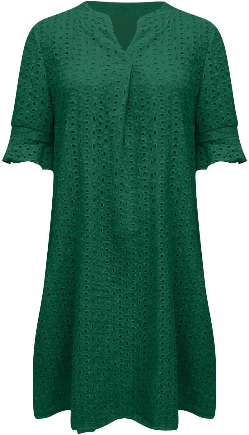 ZYXTIM Summer Eyelet Dresses for Women 2025 Elegant V Neck Short Sleeve Fashion Business Dress Hollow Out Vacation Dresses